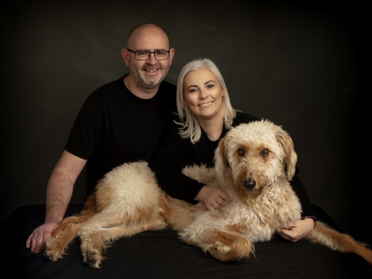 Nervous dog relaxed during professional studio photoshoot in Leicester