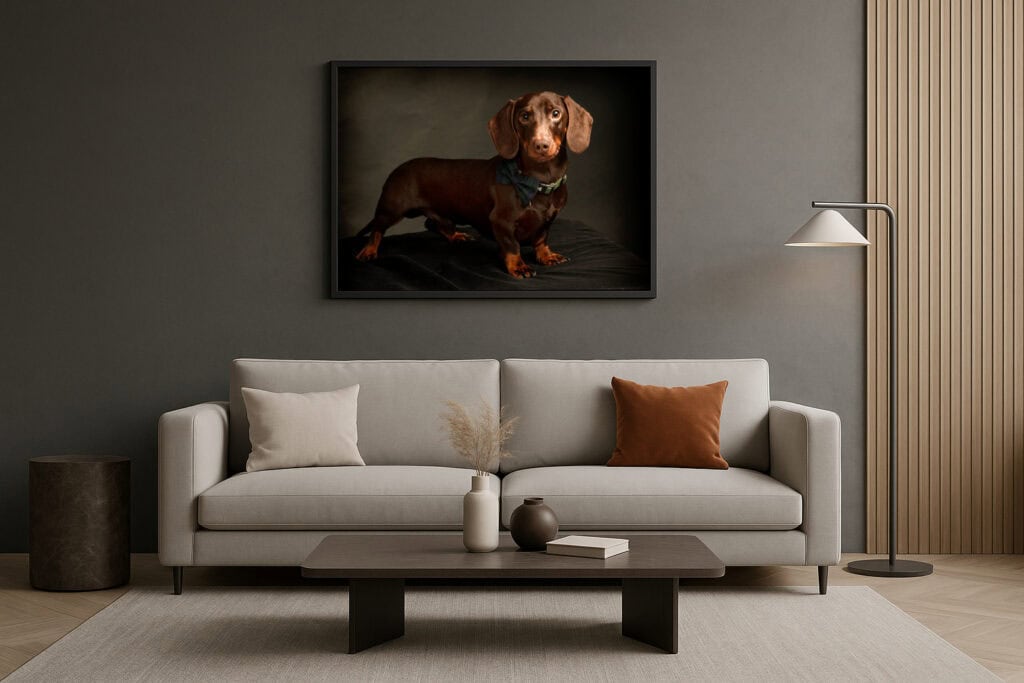 Family and dog admiring framed wall art at home – family and dog photography by John Jenkins Photography in Lutterworth near Leicester.